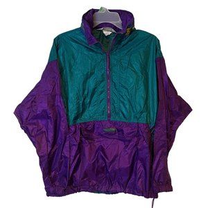 Columbia Pullover Windbreaker Womens L 1980s Multicolor Batwing Sleeve Hood VTG